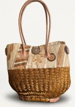 Luxury Handmade Raffia & Wood Tote Bag - Unique Embroidered Patchwork Design - High-End Malagasy Craftmanship - TIA