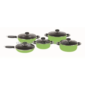10pcs non stick with lid cookware set from China green painting cookware set