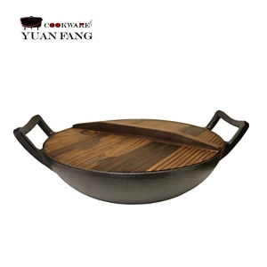 14 Inch Pre-Seasoned Cast Iron Wok With Wooden Lid House Stir Fry Pan