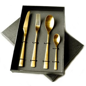 18/10 Stainless Steel Cutlery High Quality Matte Gold Knife Fork Spoon with 4pcs Set Box Packing Flatware Set for Wedding Party