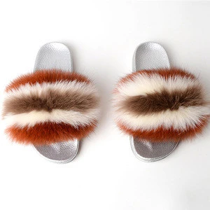 2018 Attractive Design Fox Skin Fur Sandal Slides Slippers For Women Furry