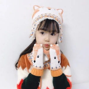 2020 new winter warm animal design fox style knitted hat scarf Gloves sets for baby boy girls kids children