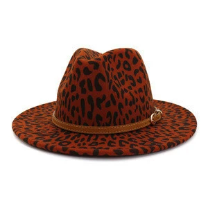 2020 Wholesale Fashion Women&#39;s Vintage Leopard Print Fedora Wool Hat Wide Brim Panama Cowboy hat