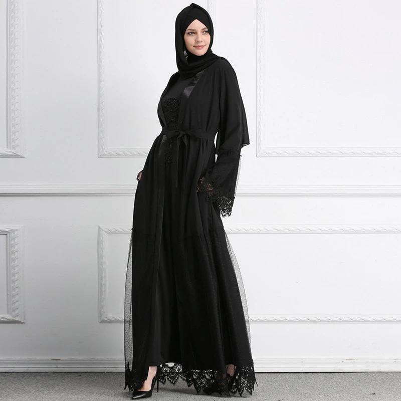 2021 summer women V neck lace abaya islamic clothing dress jubah arab black muslim maxi open abaya kaftan