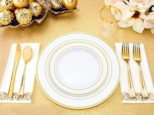 25 Guest Disposable Gold Dinner ware Set Heavy Duty Plastic Plates, Cups, Silverware & Napkins flatware set