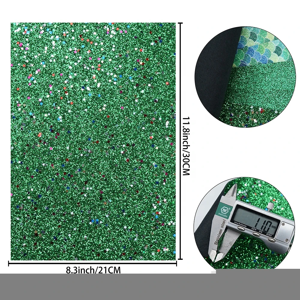6 pcs/set green series fine chunky glitter star mermaid faux leather sheets for bows and earrings diy making
