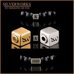 925 Sterling Silver Personalized Custom Logo Cube Beads Charm Fit custom Mens Bracelet