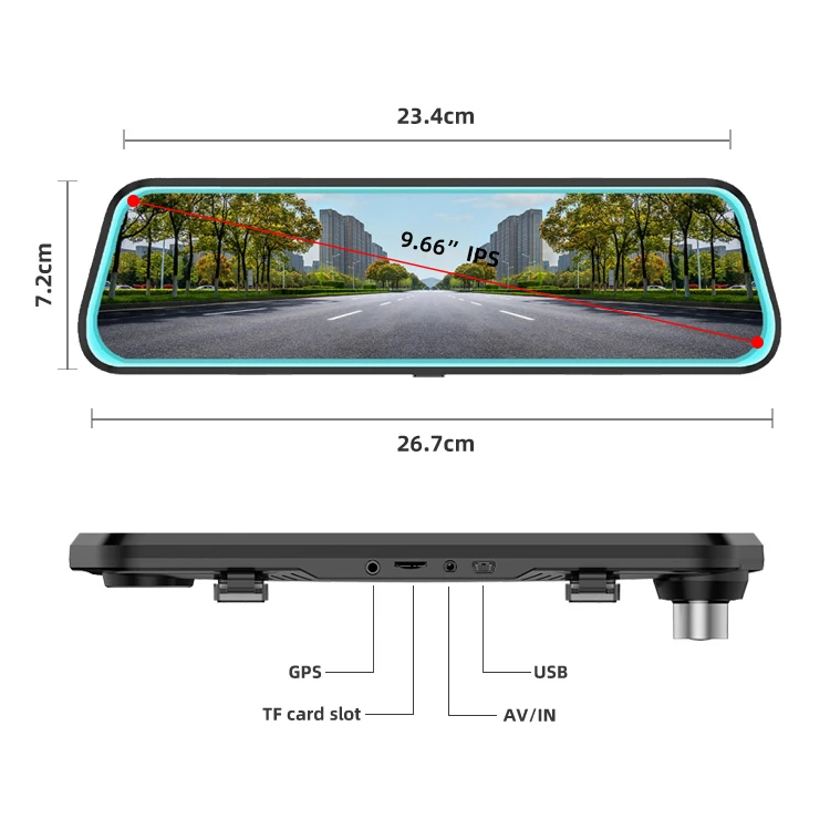 9.66 Inch Car Video Dual Lens Rear view Mirror Driving Recorder Dvr 1080P Car Mirror Dash Cam