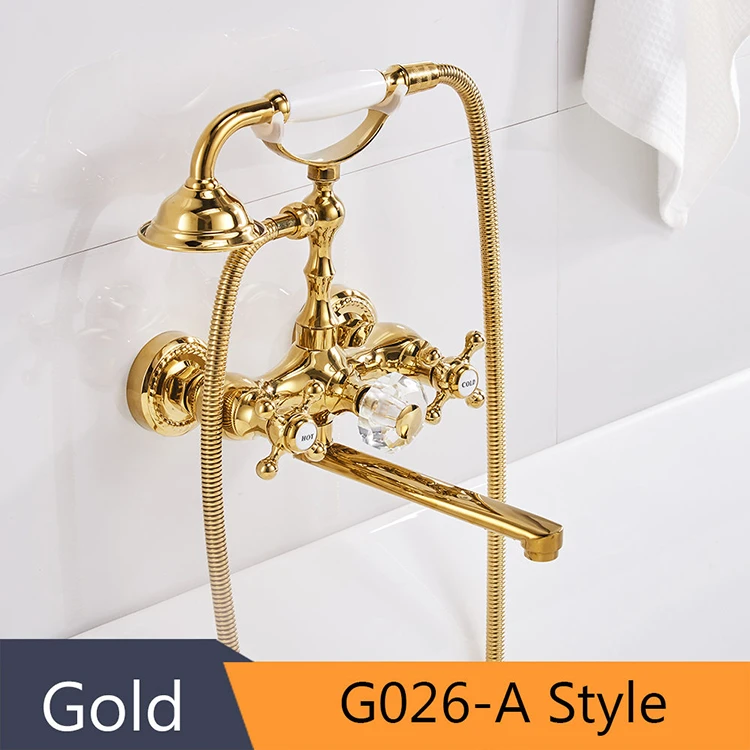 Bathtub Faucets Luxury Gold Brass Bathroom Faucet Mixer Tap Wall Mounted Hand Held Shower Head Kit G026 Shower Faucet Sets