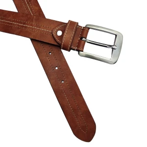 Casual brown leather belt with stitching on strap with good quality buckle for men 2021 fresh design