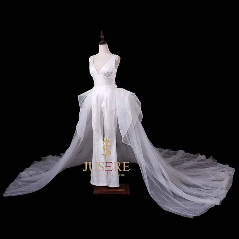 Cool Jumpsuit V-Neck Satin Ankle Length Wedding Dresses Bridal Gown With Detachable Train