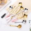 Creative Reusable Silver Stainless Steel Flower Mixing Coffee Dessert Spoon ScoopCutlery with Ceramic Short Handle
