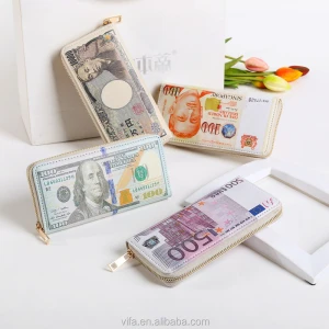 Currency US Dollar Print PU Leather Women Long Zip Print Wallet