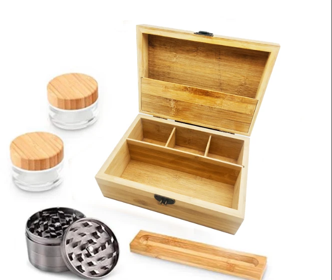Custom Eco friendly Natural Bamboo tobacco Storage Case Wooden smoking  Rolling Tray Weed Stash Box Organizer