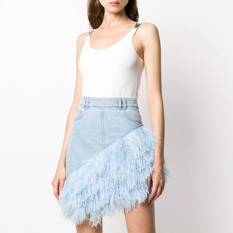 Custom high waist light blue ostrich feather trimmed denim skirt