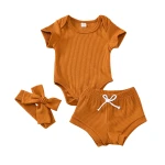 Custom OEM ODM Toddler  Boys Ribbed Cotton Short Sleeve Romper  Draw String Short Outfits Baby Girl Clothes Set