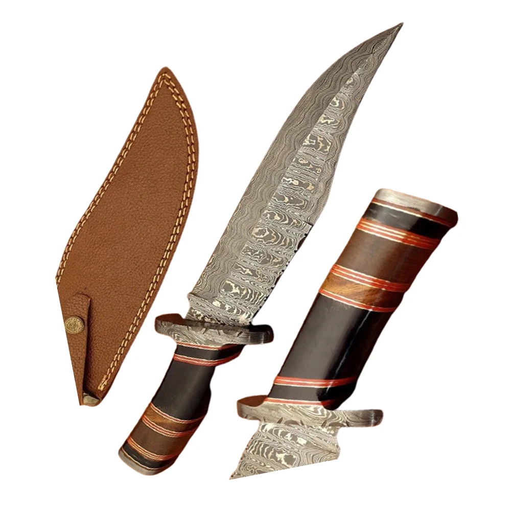 DAMASCUS STEEL HANDMADE HUNTING CUSTOM FANCY BOWIE KNIFE/ ROSEWOOD & BULL HORN HANDLE