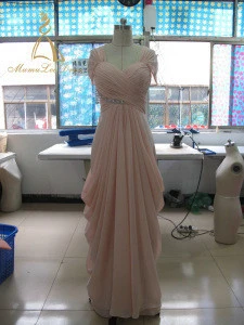 Floor Length Crinkle Draped Beautiful Free Cap Sleeves Pink Evening Dresses With Crystals