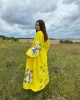 Floral Embroidery Loose Ukraine Dresses Spring Autumn Women Yellow Long Dress V-neck Long-sleeve Boho Casual Beach With Belt