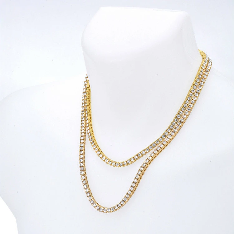 Handmade CZ iced out 3mm 4mm 5m bling jewelry tennis necklace Gold plated Copper chain