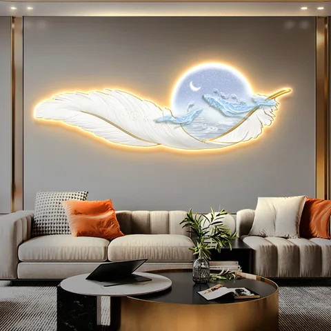 High grade luxury irregular shape lighting painting home decoration sofa background feather wall art with led lights