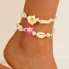 Holiday Bohemian Knotted String Shell Flower Anklets Handmade Peach Blossom Hawaii Beach Boho Bracelet Jewelry