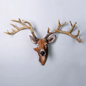 Home Wall Hanging Decoration Ornaments , Custom Wood Color Resin Animal Deer Head Statue