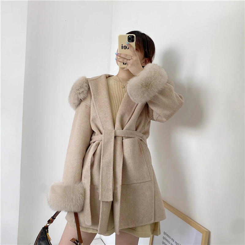 Hot Sale Cashmere Coat with Fox Fur Cuff 100% Wool Coat Hood Women Winter Jacket Overcoat S7858