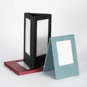 Hot sale cheap fashion leather 3 sides  menu display holder  restaurant table card holder