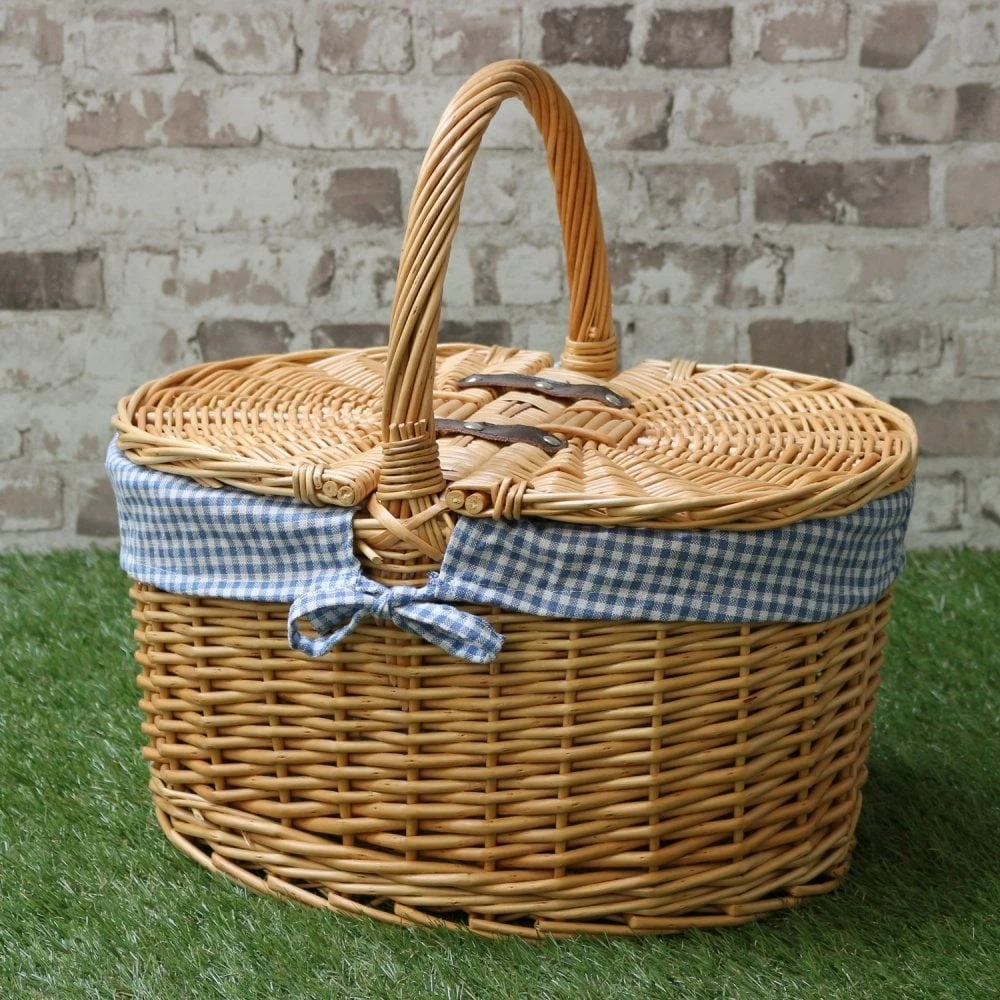 hot sale oval wicker picnic basket with wood lid and handle rattan nature storage basket