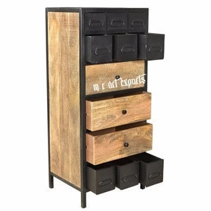 industrial and vintage iron metal and mango wood multi drawers living room cabinet