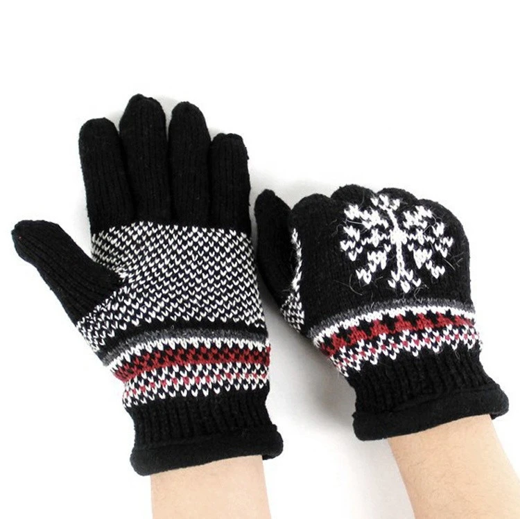 Jacquard Weave Snowflake Design Knitted Winter Gloves Inside Fleece Knit Warmer Mittens