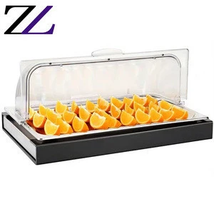 Japanese sushi supply oblong counter top acrylic cover stainless steel tray plate case buffet cool keep fresh food display stand