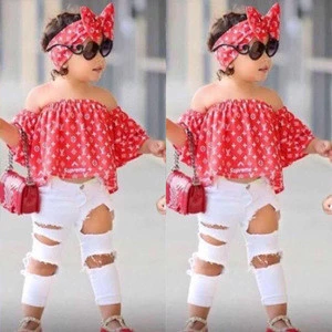 kids clothing  hot selling models girls red word shoulder shirt + hole jeans + headwear three-piece factory direct sale