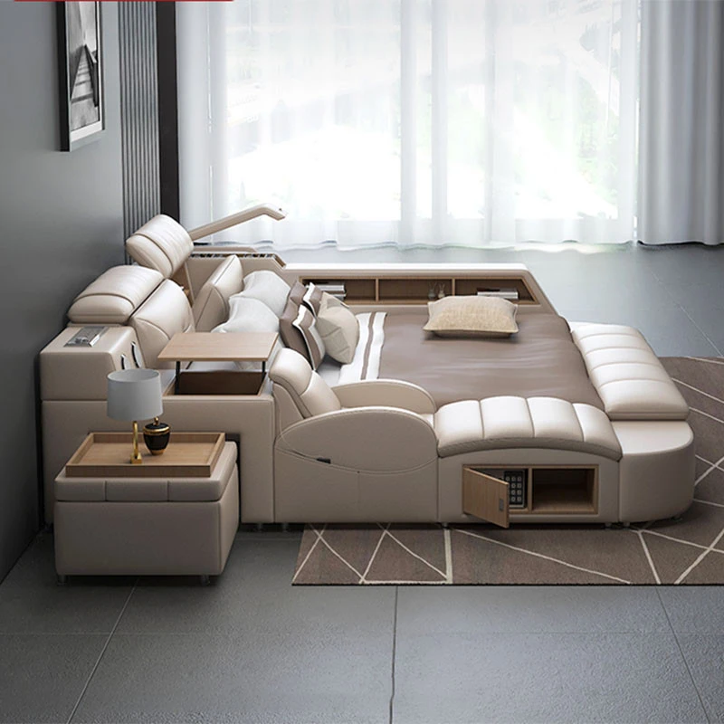 Latest double bed design assembly type queen-size natural bed with bookcase safe box and electric massage table