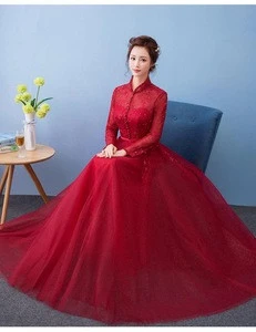 Latest Long Sleeve High Neck Lace Tulle Bridesmaid Dress