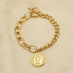 Lerca Fashion Trendy 18k Gold Portrait Coin Style Ladies Stainless Steel Link Chain Bracelet Gold Vermeil Bracelet