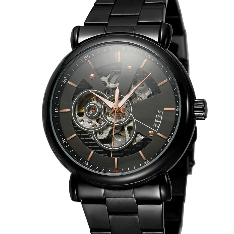 Luxury Full Stainless Steel Fashion Skeleton Analog Dial Men Automatic Waterproof Mechanical Watches
