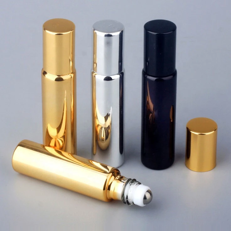 Luxury Gold Silver Black Color Shiny UV Printing 5ml 10ml Glass Essential Oil Perfume Oil Roll On Bottle