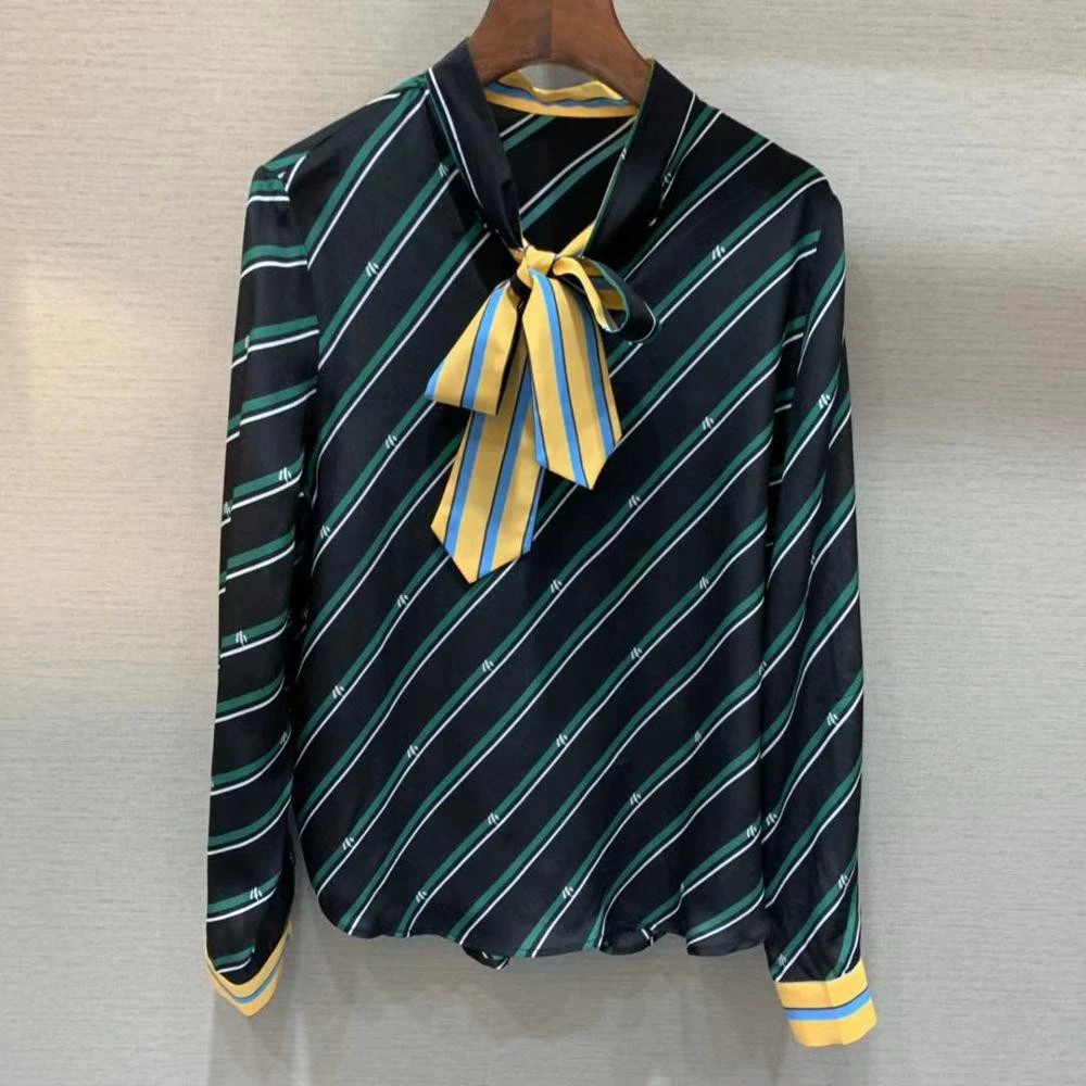 Luxury Women bow knot stripe color matching 100% silk  brocade blouse exported to dubai