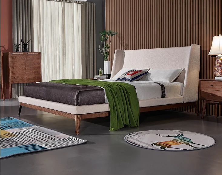 Modern Nordic Design Bedroom Furniture Set  King Size Wooden Fabric Double Bed Frame