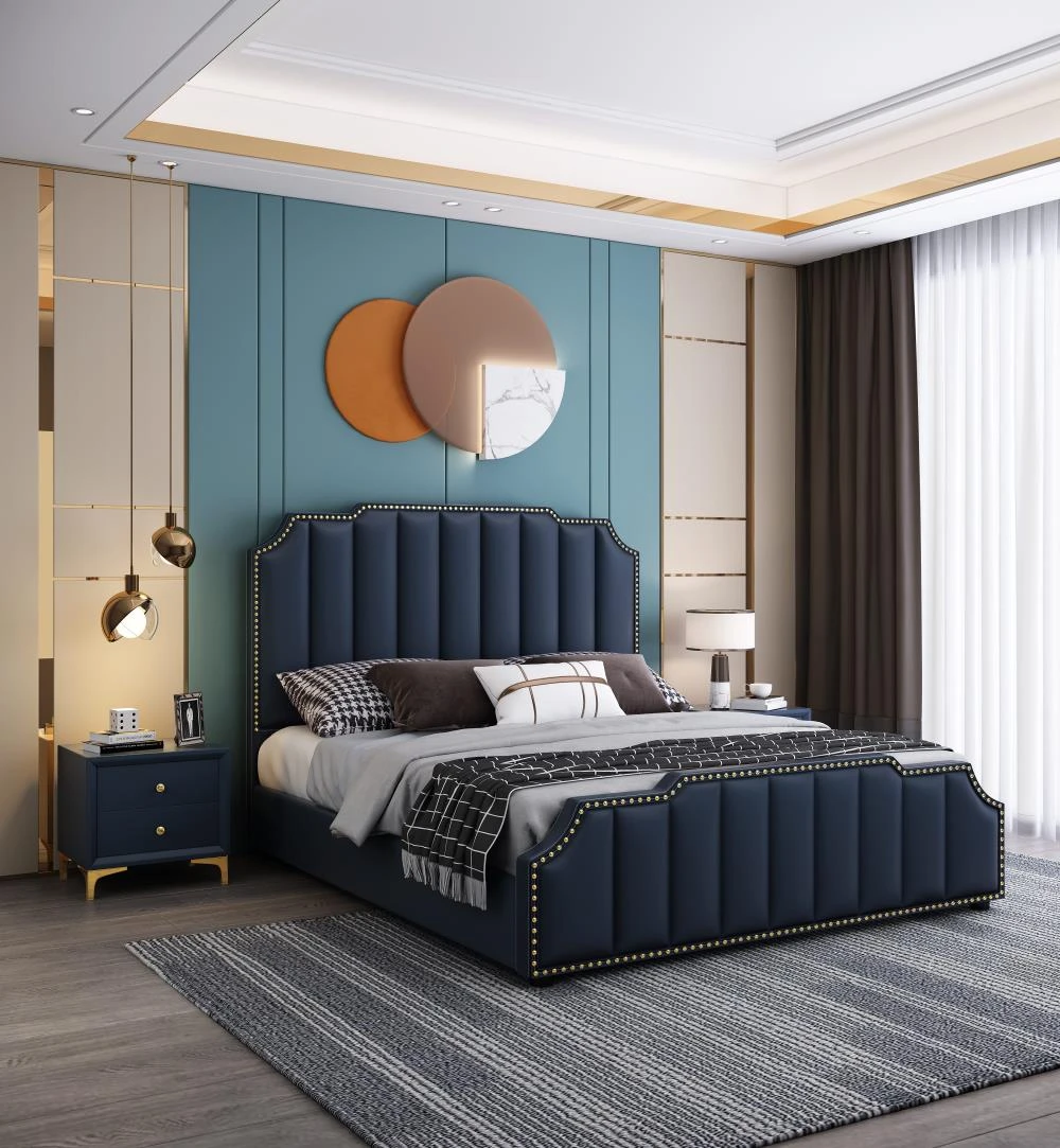 Modern Style Bedroom Furniture King Queen Size Adult Black Velvet Upholstered Bed