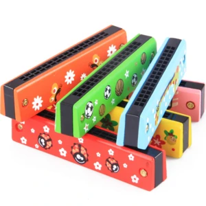 Musical Instruments Children Harmonica Wooden 16 Hole Double Row Color Pattern Kids Toys Educational