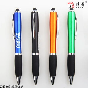 New creative design LED light touch pen laser ballpoint pen with stylus metal clip for promotional plastic ballpoint pen factory