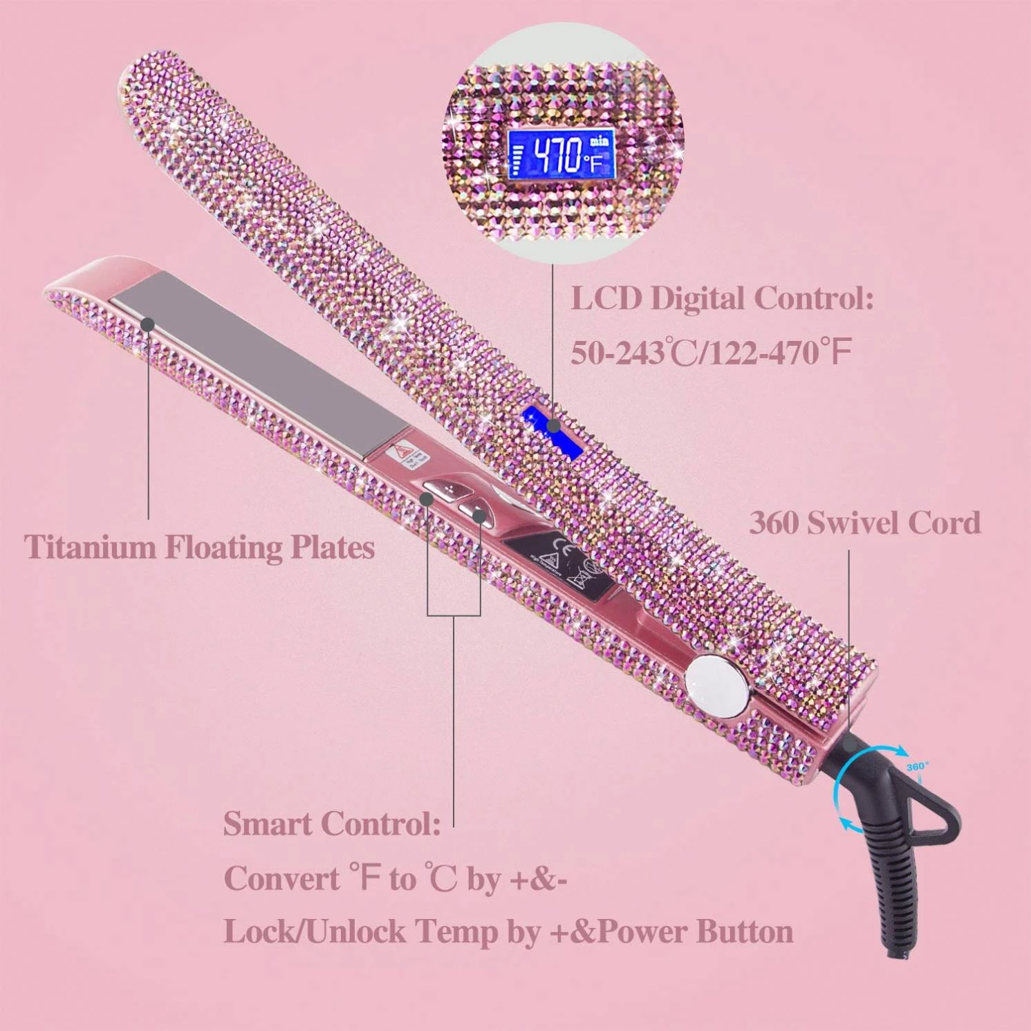 New Fashion Floating plate crystal diamond nano titanium hair straightener