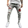 New Men Ripped patch elastic biker Skinny jeans Streetwear hip hop male Solid cotton Jogger denim trousers