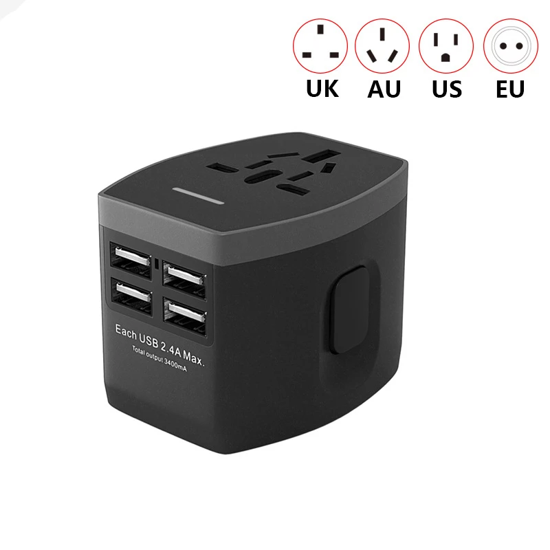 New universal International Travel Plug Adapter 18W Type-C 3 USB Wall Charger Outlet Euro US UK Adaptor