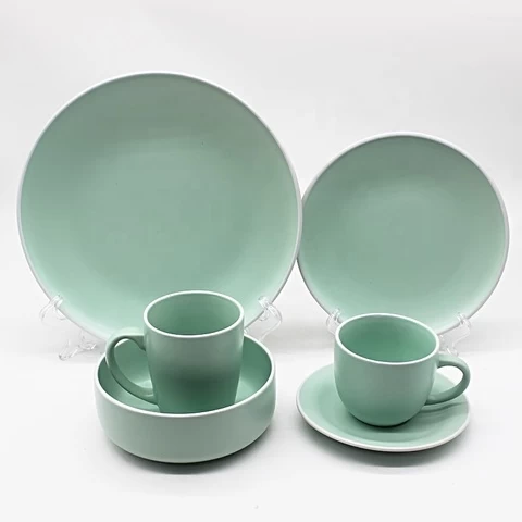 Nordic style matte green color modern living ceramic dinner set 16pcs dinnerware sets porcelain wholesale