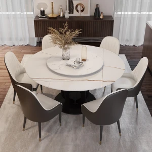 Northern Europe style apartment round rock beam dinner table sets marble slab with 6 chairs dining room furniture