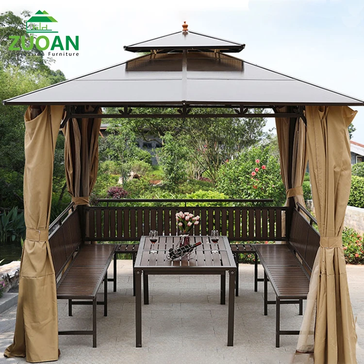 Outdoor furniture uv stretch wooden seat pavilion outdoor garden 13 ft long hardtop gazebo bbq grill gazebo